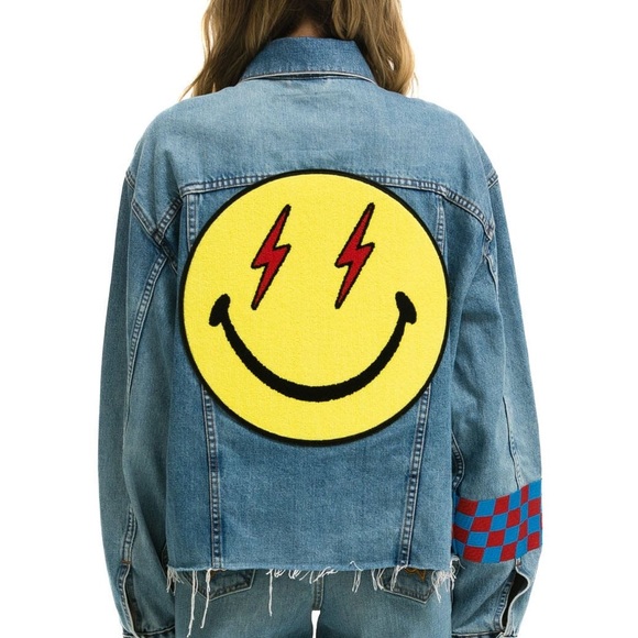 Aviator Nation Jackets & Blazers - Aviator Nation Blue Denim Jacket with Yellow Smiley and Red Accents